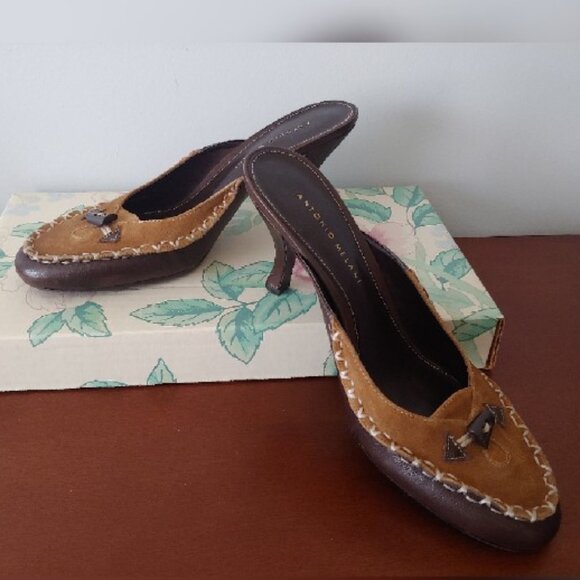 ANTONIO MELANI Brown & Tan Open Back Heels Size 9 - Picture 1 of 6
